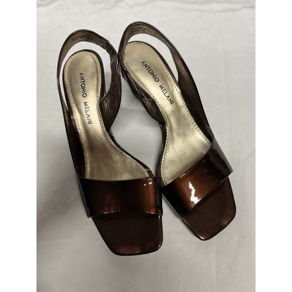 Antonio Melani Shoes Sz 8 Slingback Sandals Heels Lt Brown Shiny Patent Leather